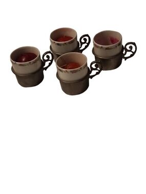 VTG Set Of 4 Tea Cups, Greman Porclien with Pewter Holder, 1960's Marked
